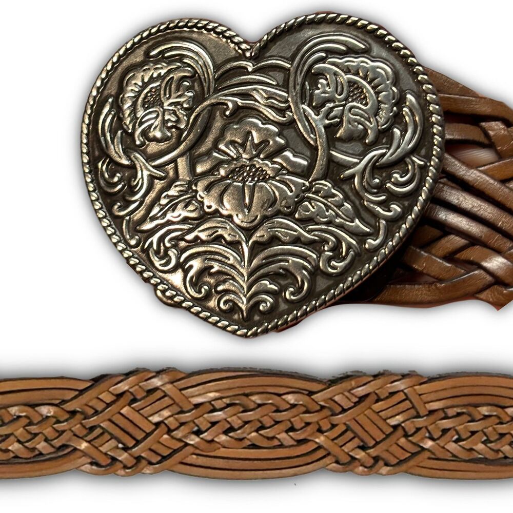 Kensie Cognac Interlinked Plait Belt with Chrome Romantic Motif